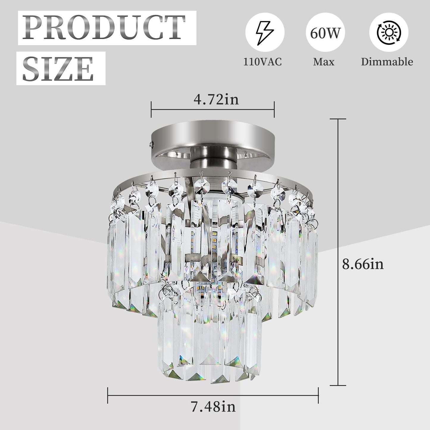 XPEHK Crystal Ceiling Chandelier,Mini Chandelier Light Fixture with K9 Crystals,Brushed Nickel Finish for Living Room Entryway Bedroom Laundry Room,1-Light E26 Base