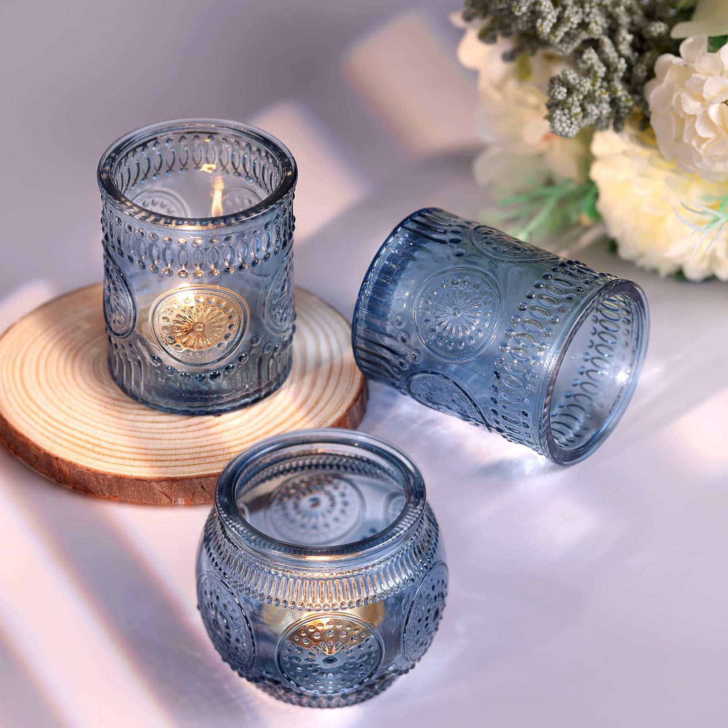 DARJEN 24Pcs Blue Votive Candle Holders - Glass Candle Holder for Party Decoration, Tea Lights Candle Holder for Wedding Shower & Gift