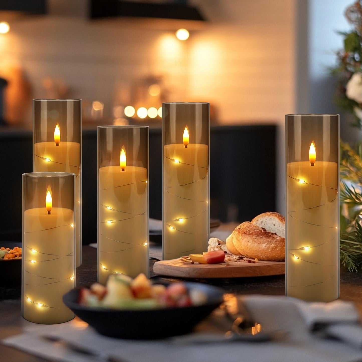 24 Pack Flameless LED Pillar Candles with Remote & Timer, Flickering Battery Operated Candles with Embedded Starry Lights, 3-Sizes Gray Acrylic Decorative Candles for Wedding, Home, Party Decor