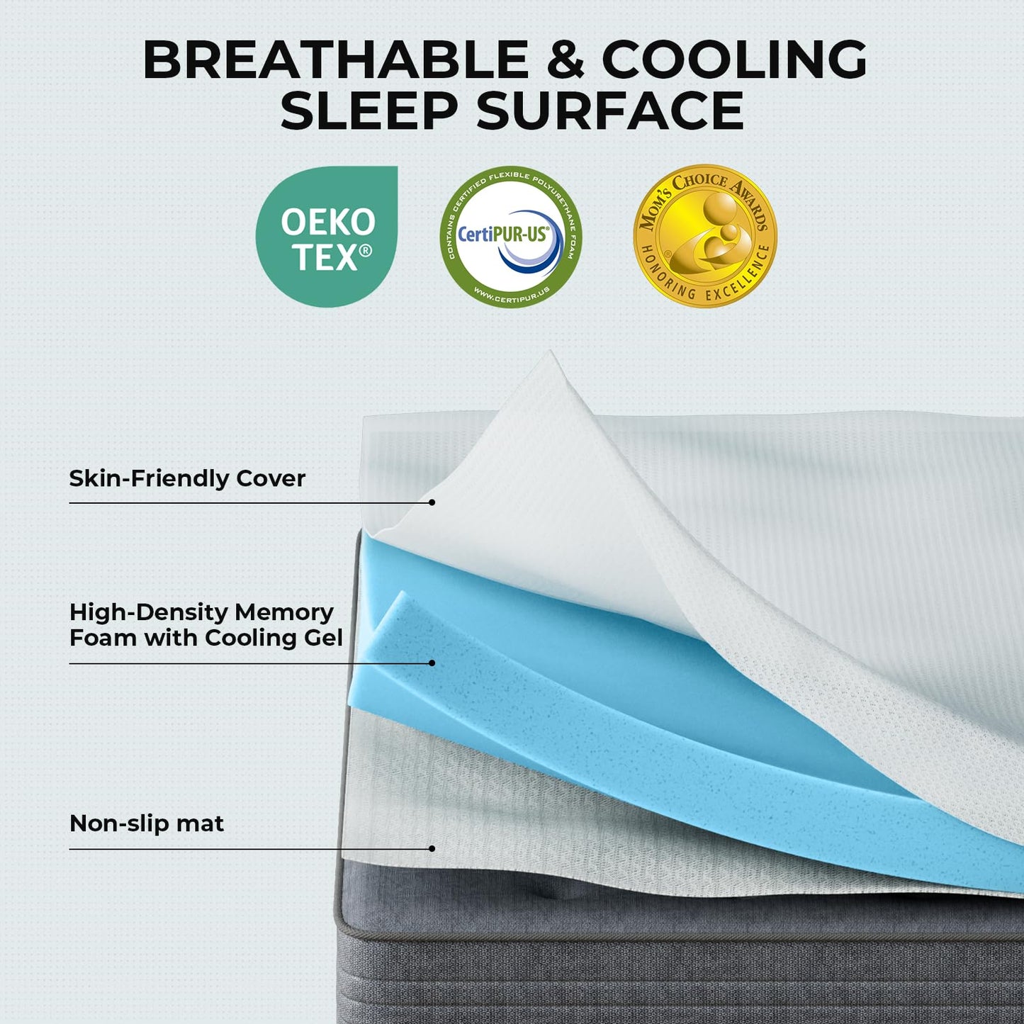 OhGeni 2 Inch Full Memory Foam Mattress Topper Pad with Cover, Soft Bed Cover with Anti-Slip Base, Enhanced with Cooling Gel，Premium Comfort for Sleep & Back Pain Relief, Removable & Washable