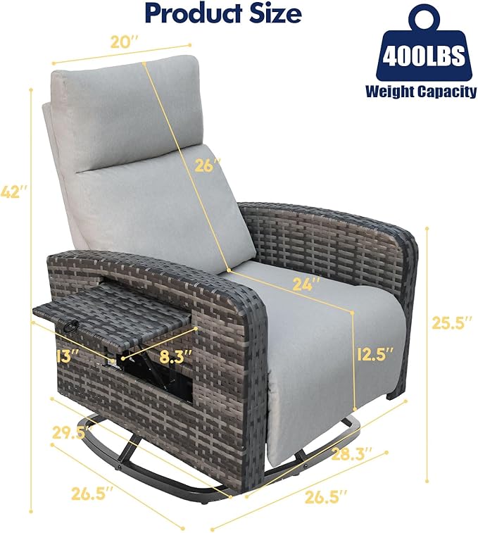 Outdoor Recliner Chair, Wicker Patio Recliners with Adjustable Backrest and Extended Foot Rest, Reclining Patio Chairs with Flip Table & Removable Cushion Cover for Porch