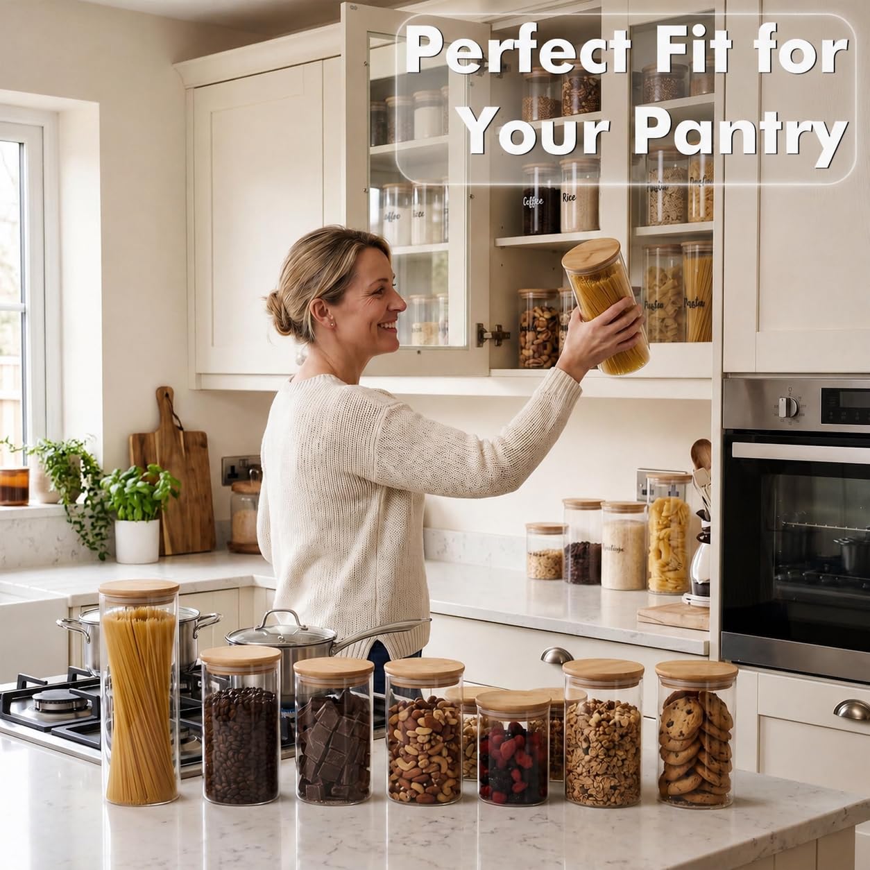 Xoniwis 6-Pack 0.8Qt Round Glass Storage Jars with Bamboo Lids