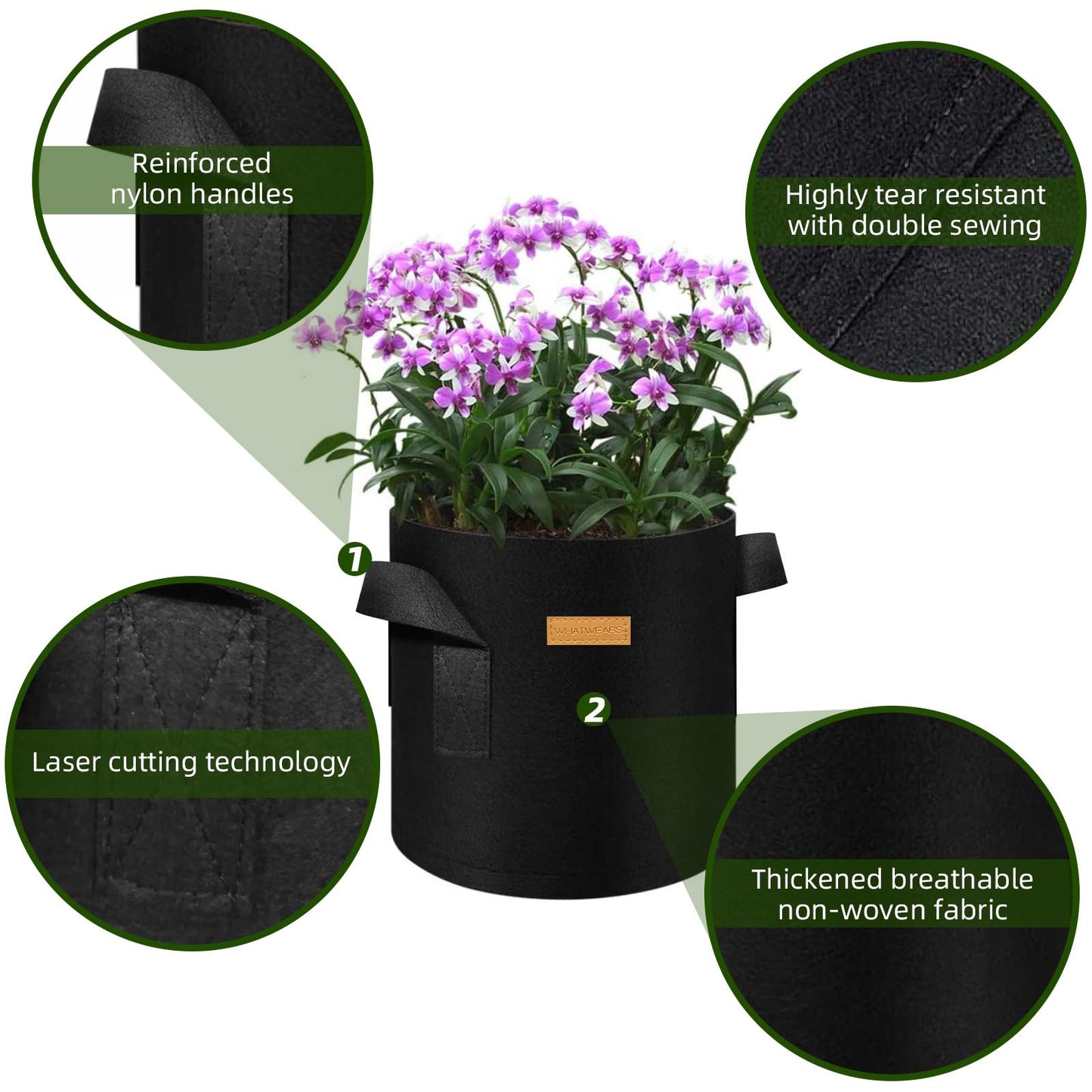 WHATWEARS 12-Pack 15 Gallon Plant Grow Bags, Thickened Nonwoven Flower Pots with Handles, Vegetable Planter Bags Containers, Cloth Planters for Garden Vegetable/Flower/Plant/Fruits Outdoor (Black)