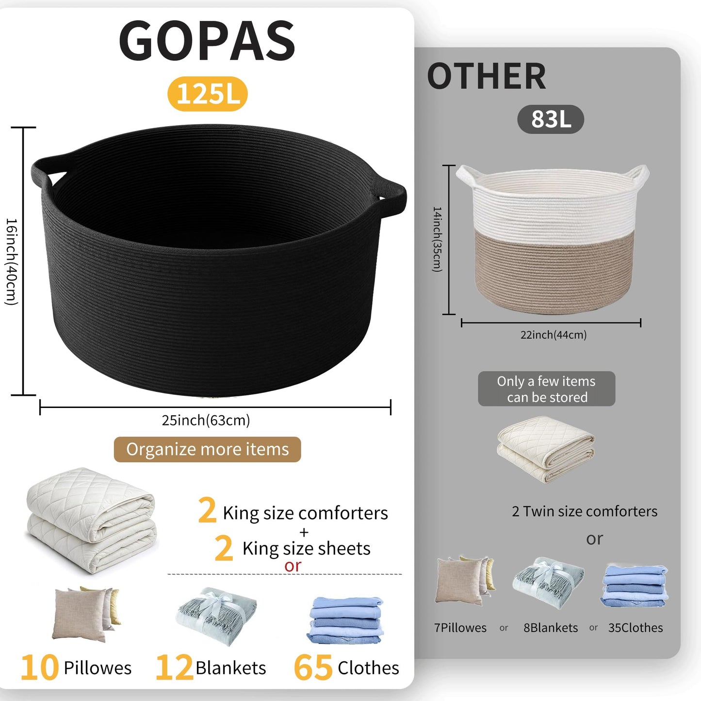GOPAS 125L Extra Large Blanket Basket, 25" x 16", Jumbo Laundry Woven Baskets Decorative Home, Cotton Rope Basket with Handles, Baby Toy Baskets for Storage, Black