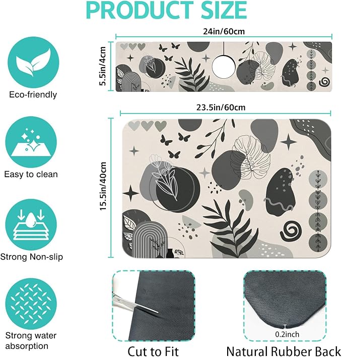 Dish Drying Mat for Kitchen Counter Matt, Super Absorbent Non-slip Rubber Backed