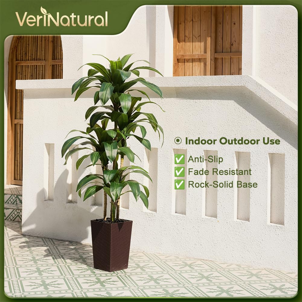 VeriNatural Artificial Dracaena Tree 6FT - Fake Tree with Brown Taper Planter & Pebbles - UV Resistant Faux Yucca Tropical Plant - Artificial Trees for Home Office Living Room Decor Indoor Outdoor