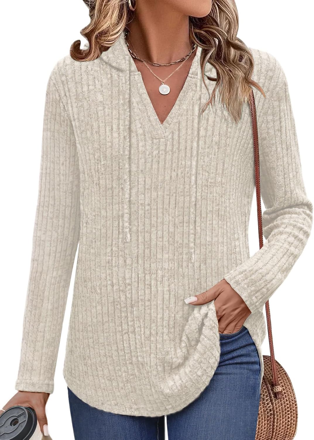 Lylinan Womens Cozy Knit Sweaters Hoodies Ribbed V Neck Pullover Sweatshirts for Fall Outfits S-XXL