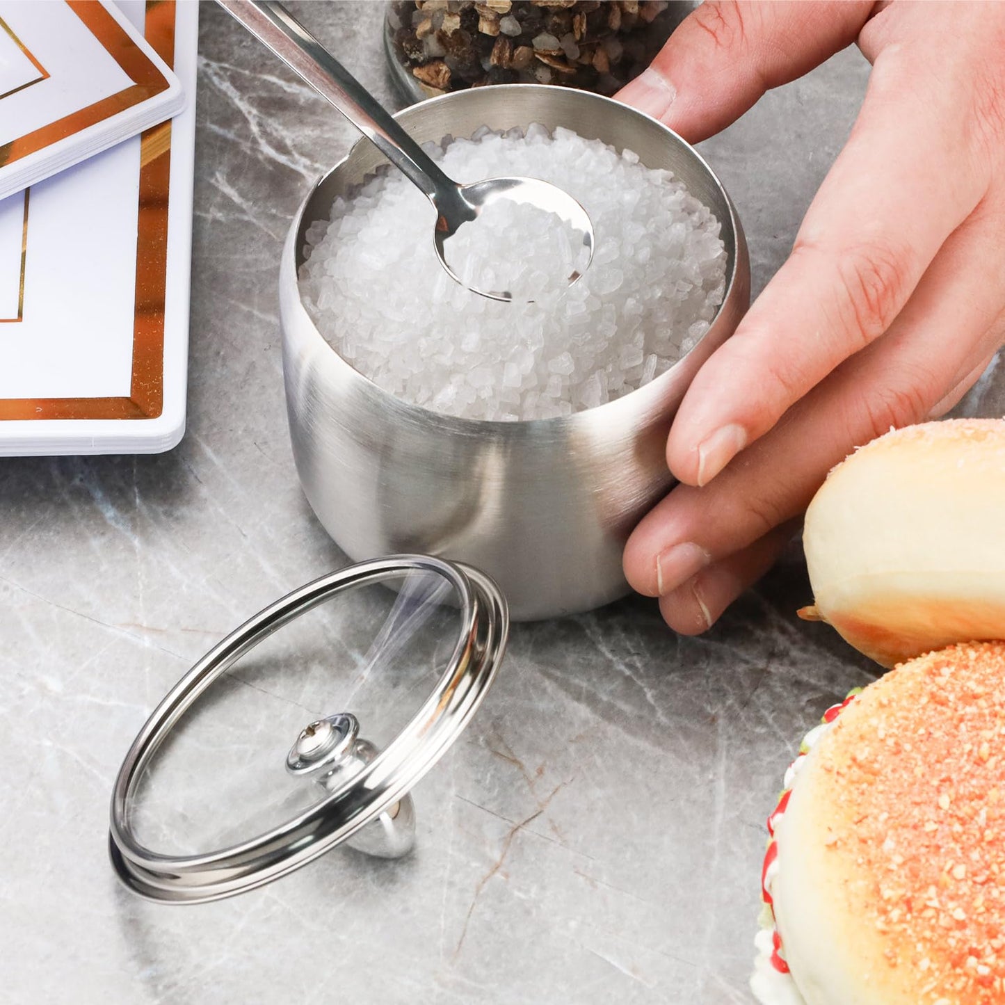 2 Pieces Stainless Steel Sugar Bowl with Lid and Spoon, 8.45 Oz/250 ML Sugar Container for Coffee Bar, Salt Bowls for Countertop Kitchen Storage Pepper Seasoning Coffee Bean Candy Spices, (Silver)