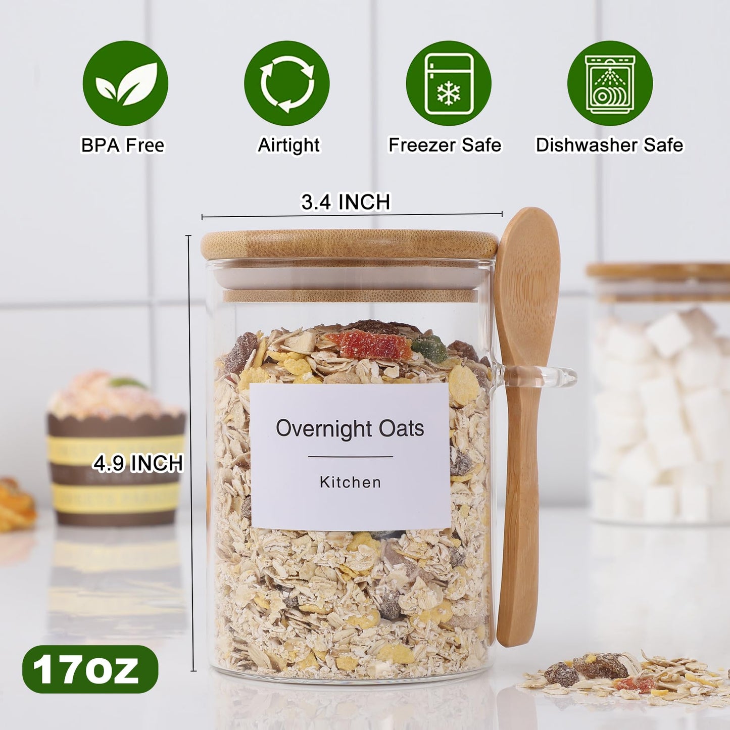 TIPGO Sugar Jar Bath Salt Container – 17 oz Glass Jar with Bamboo Lid and Spoon, Sugar Cube Holder and Canister for Countertop, Glass Containers for Coffee Beans, Tea and Overnight Oats (4 Pack)