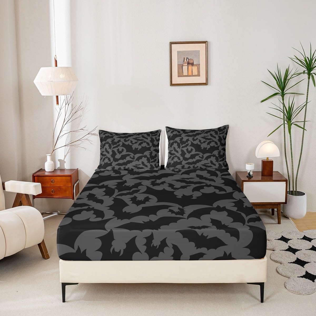 Castle Fairy Halloween Themed Bed Sheet Set for Boys Girls,Black Bats Animal Print Bed Sheet Set Full Size Bedding Set,Dark Grey Color Fitted Sheet and 1 Flat, 2 Pillow Sham