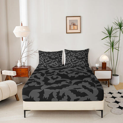 Castle Fairy Halloween Themed Bed Sheet Set for Boys Girls,Black Bats Animal Print Bed Sheet Set Full Size Bedding Set,Dark Grey Color Fitted Sheet and 1 Flat, 2 Pillow Sham