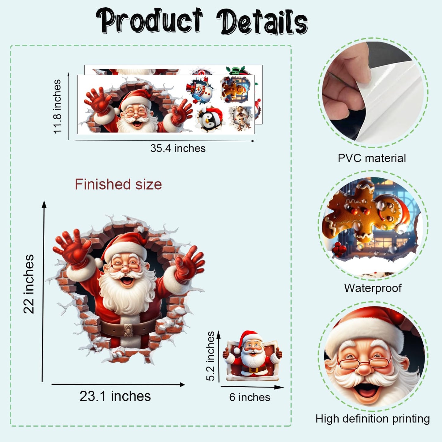 XUOIAYNB Large 3D Santa Claus Christmas Wall Stickers,Snowman Gingerbread Man Reindeer Candy Vinyl Wall Decals, Removable Winter Holiday Xmas Break Through Wall Art for Kids Bedroom Playroom Decor