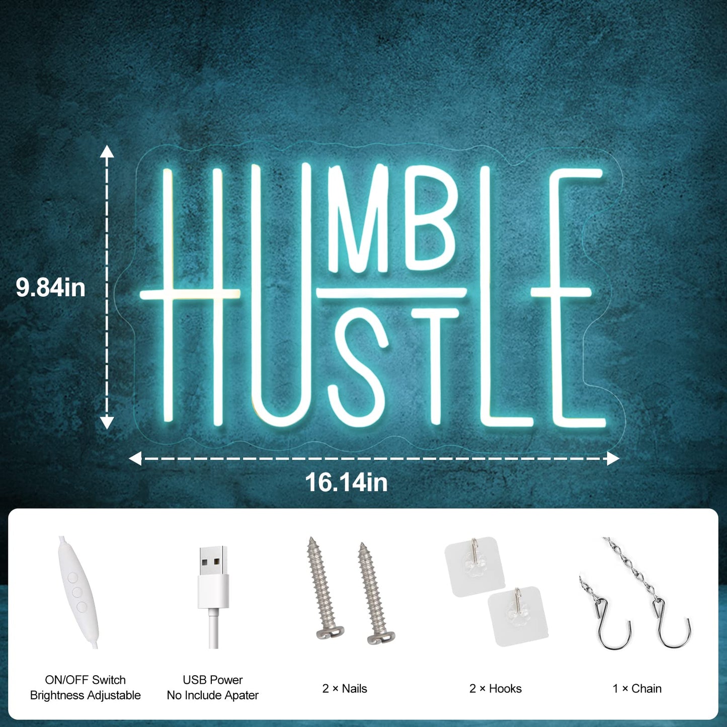 Hustle Words LED Neon Lights Party Decorations, USB Powered Switch LED Neon Lights Brightness Adjustable for Office Room, Gym Room, Man Cave, Gamer Room Decor (Blue)