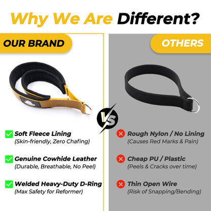 Lights Mountain Leather Pilates Double Loop D-Ring Straps - Soft Fleece Lined for Reformer, Dual Loops for Hands & Legs, Home & Studio Gym Accessories