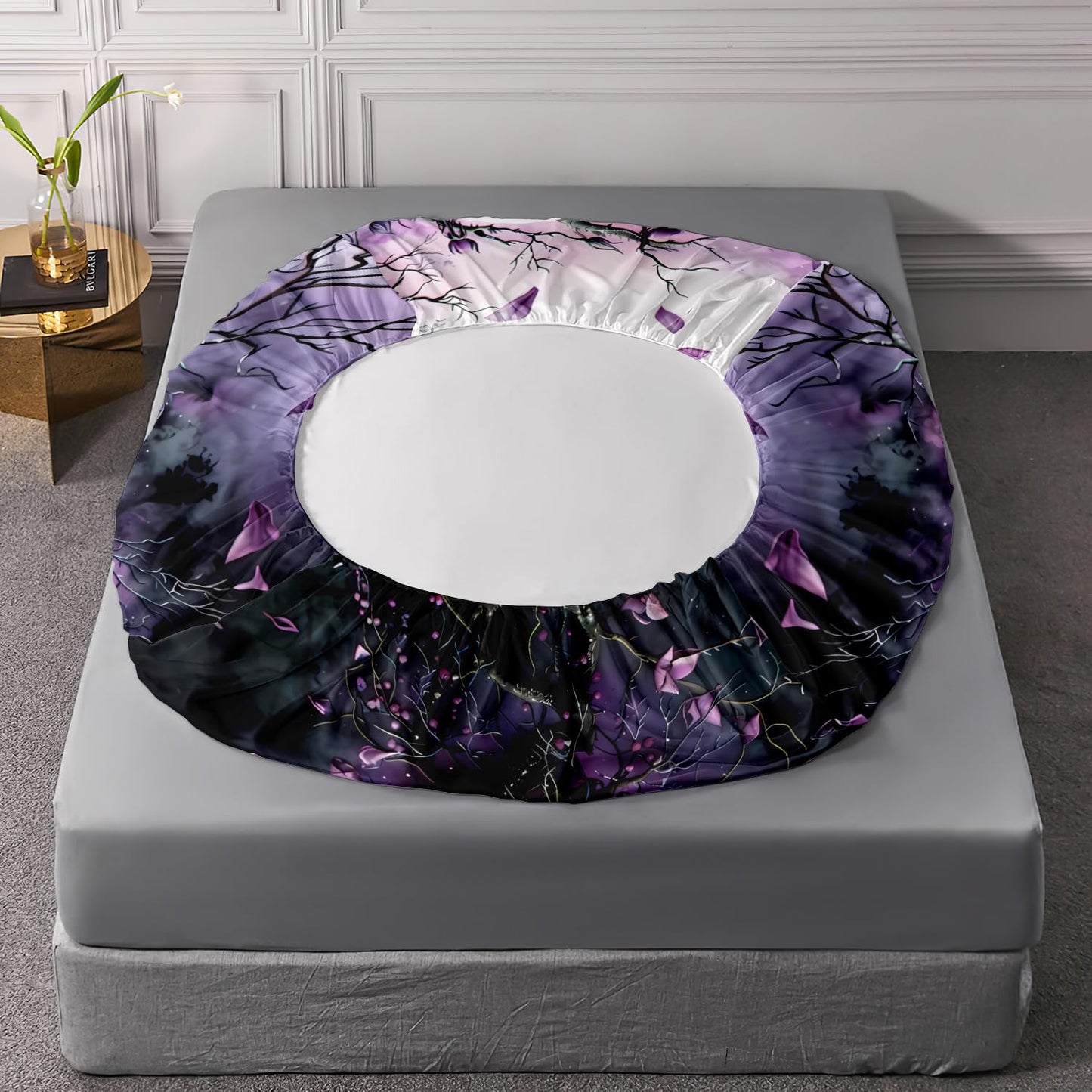 HOSIMA Death Skull Fitted Sheet Full,Skull Surrounded by Flowers Print Gothic Bedding Set,Branch Pattern Horror Themed Halloween Bedding for Boys Girls Room Decor,1 Fitted Sheet+2 Pillowcases.