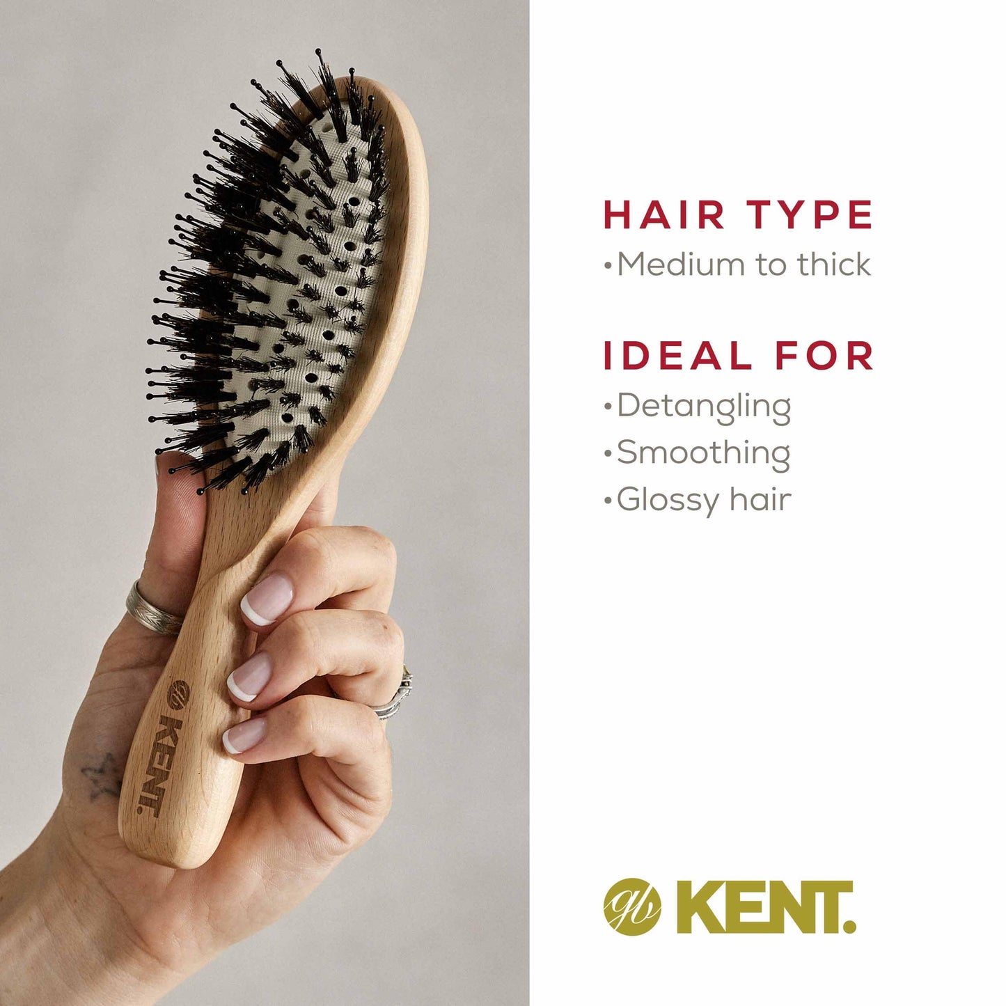 Kent PF01 Large Cushion Detangler Brush, Boar Bristle and Non-Scratch Nylon Mix Hairbrush for Straightening Smoothing. Oval Wood Paddle Detangling Hair Brush for Medium to Long Hair, Made in England