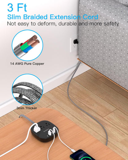 Flat Plug Power Strip, 6ft Ultra Flat Extension Cord - 3 Outlets 4 USB Ports (2 USB C) 22.5W/4.5A Desktop Charging Station, Power Strip No Surge Protection for Cruise Ship, Dorm Room Travel Essentials