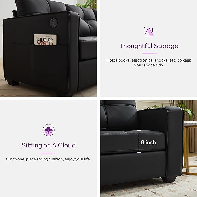 TYBOATLE Black Sectional Couches w/Side Pockets
