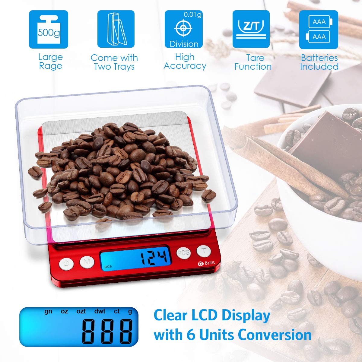 Brifit Pocket Scale, 500g x 0.01g High Precision Scale with 100g Weight, Mini Kitchen Scale with Backlit, 2 Trays, Jewelry Scale with Tare and PCS Function, Stainless Steel, Battery Included (Red)