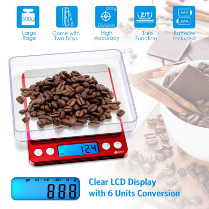Brifit Pocket Scale, 500g x 0.01g High Precision Scale with 100g Weight, Mini Kitchen Scale with Backlit, 2 Trays, Jewelry Scale with Tare and PCS Function, Stainless Steel, Battery Included (Red)