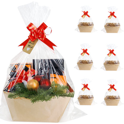 KEVTVEK Bigger Baskets for Gifts Empty, 6 Pack Sturdy Kraft Basket With Handles Gift Basket Kit, 6 Shrink Wrap Bags, 6 Bows and Hang Tag, Empty Gift Baskets to Fill for Birthday Christmas Baby Shower