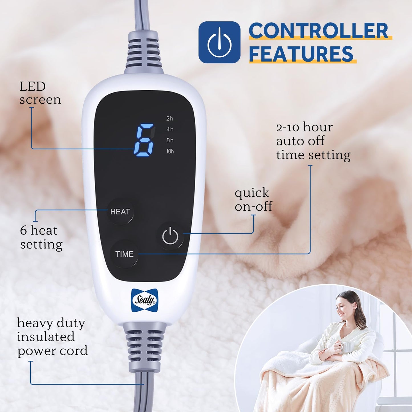 Sealy Electric Blanket with Foot Pocket for Adults, Flannel & Sherpa Heated Blanket Throw with 6 Heating Levels & 2-10 Hours Auto Shut Off, Fast Heating & Machine Washable, 50x62 Inch, Dark Grey