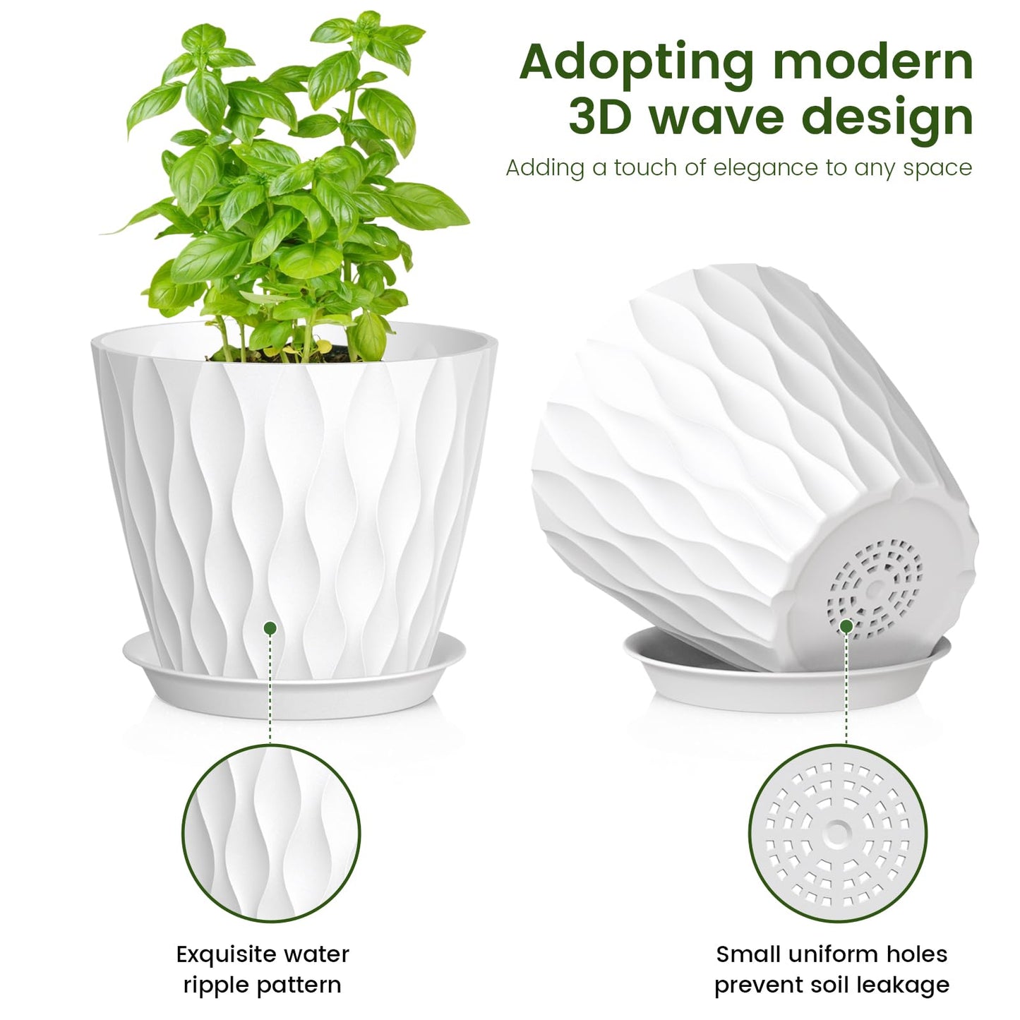 Meowell 7/6.5/6/5.5/5/4.5/4 inch Plant Pots for Indoor Outdoor Plants, 7 Pack Thick Flower Pots with Drainage Holes and Saucers, Modern Wave Texture Plastic Planter Pots for Nursery, Succulent, White