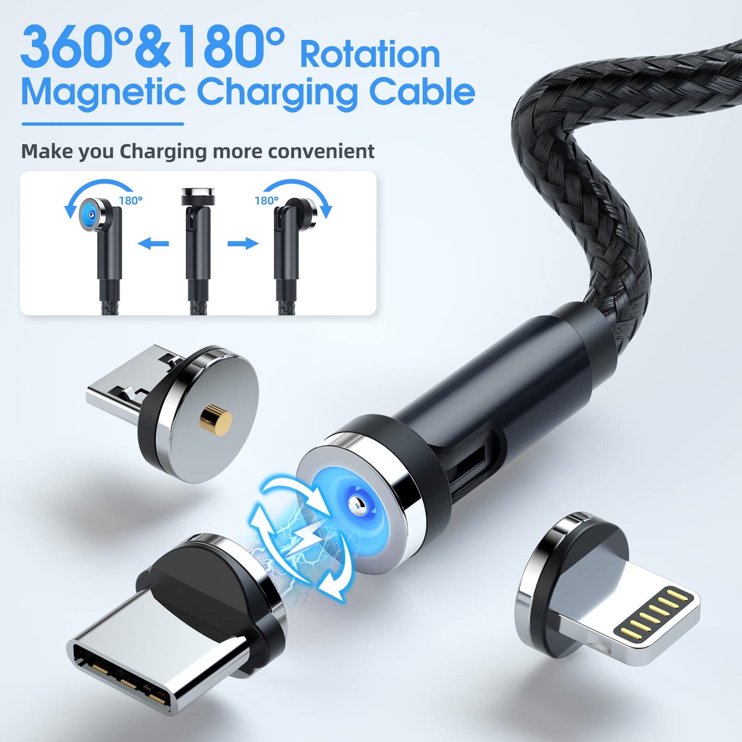7-Pack 1.6FT/3FT/3FT/3FT/6FT/6FT/10FT 540 Rotating Magnetic Phone Charger 3 in 1 Magnetic Cable Nylon Braided USB Charger Cable for Micro USB/Type C/iProduct Device - Black
