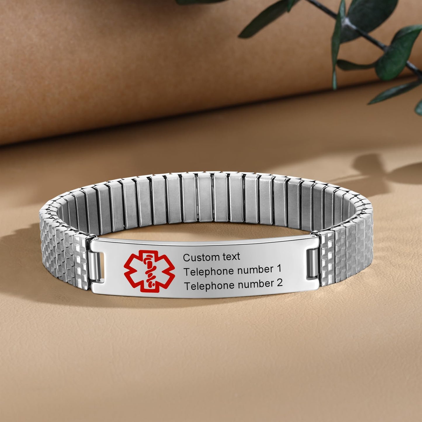 Personalized Medical ID Bracelets for Men - Custom Emergency Alert Bracelet for Women Engraved Medic Info Elastic Stainless Steel Bracelets for Family Autism Allergy Diabetic Epilepsy (Silver, 19.5cm)