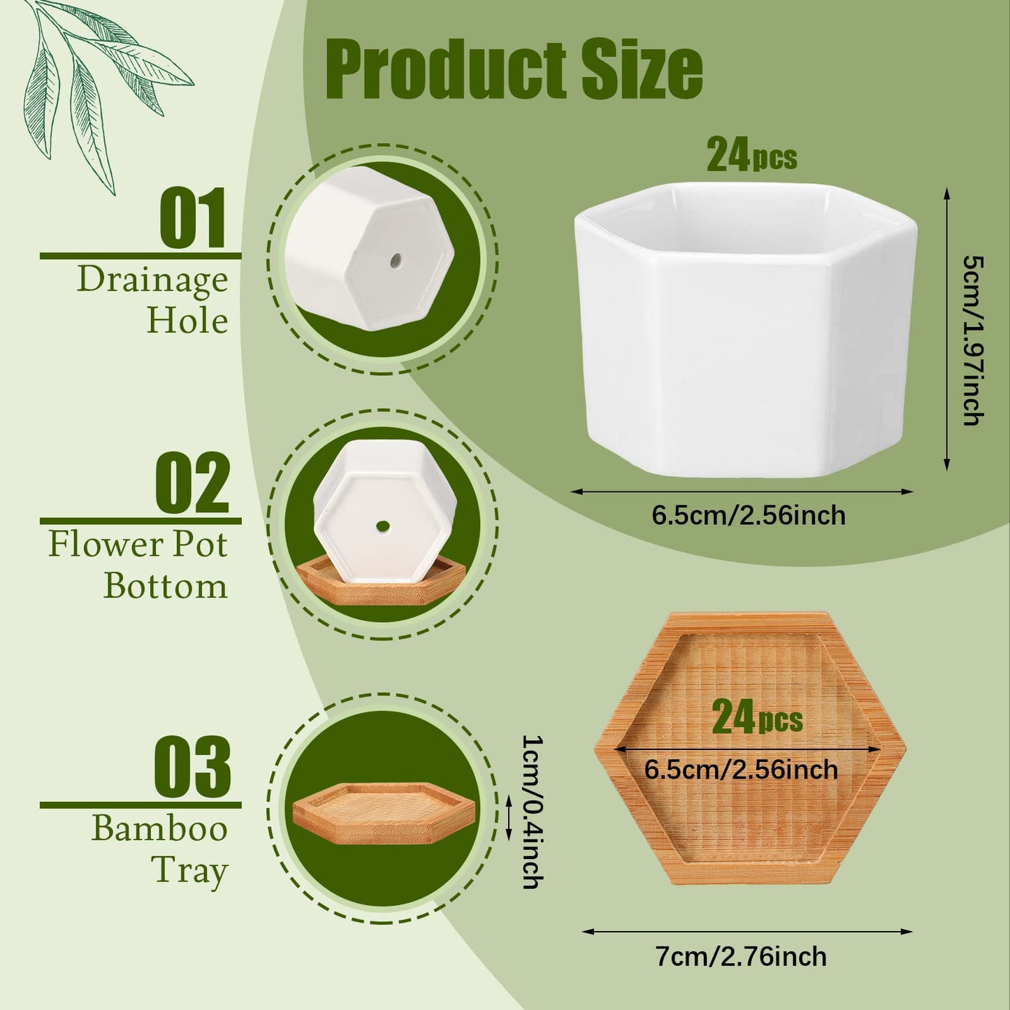 Gerrii Succulent Pots Mini White Ceramic Flower Planter Pot Succulent Planters with Wooden Trays and Drainage Holes for Plants Cactus Home Office Decoration, Plants Not Included(24 Pcs)