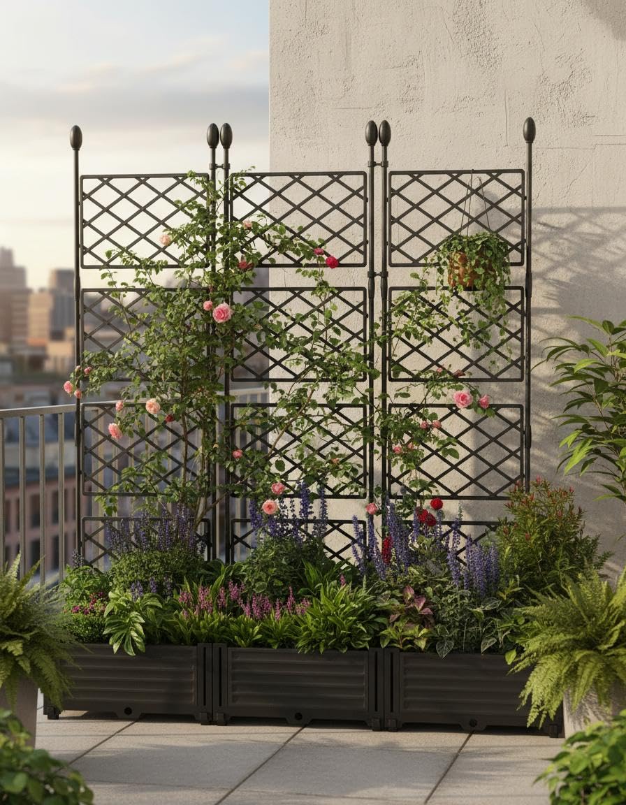 3 PCS Raised Garden Bed with Trellis & Privacy Screen, 50" x 63" Tall Vertical Garden Planter Box for Climbing Plants, Outdoor Trellis for Vegetables, Flowers, Patio, Balcony, Garden Black