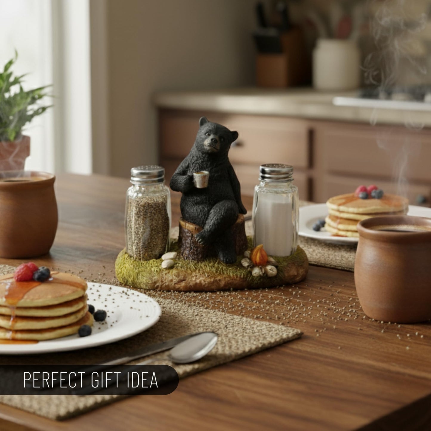 Pine Ridge Coffee Bear Salt And Pepper Shaker Set - Two Glass Shakers, Bear By Campfire Holder Caddy For Spices And Seasonings, For Kitchen, Cabin, Dining Or Table Décor