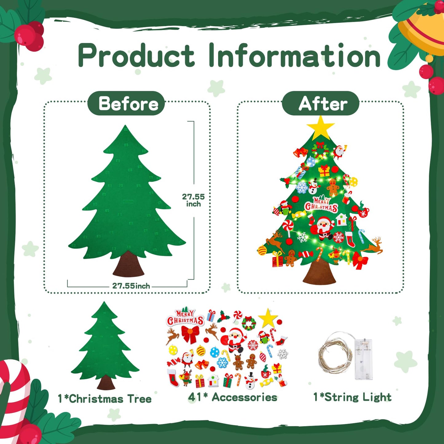 Max Fun DIY Felt Christmas Tree Set 3.2Ft with 41 Ornaments for Kids Toddlers Home Wall Hanging Felt Christmas Craft Kits Xmas Decoration Party Supplies