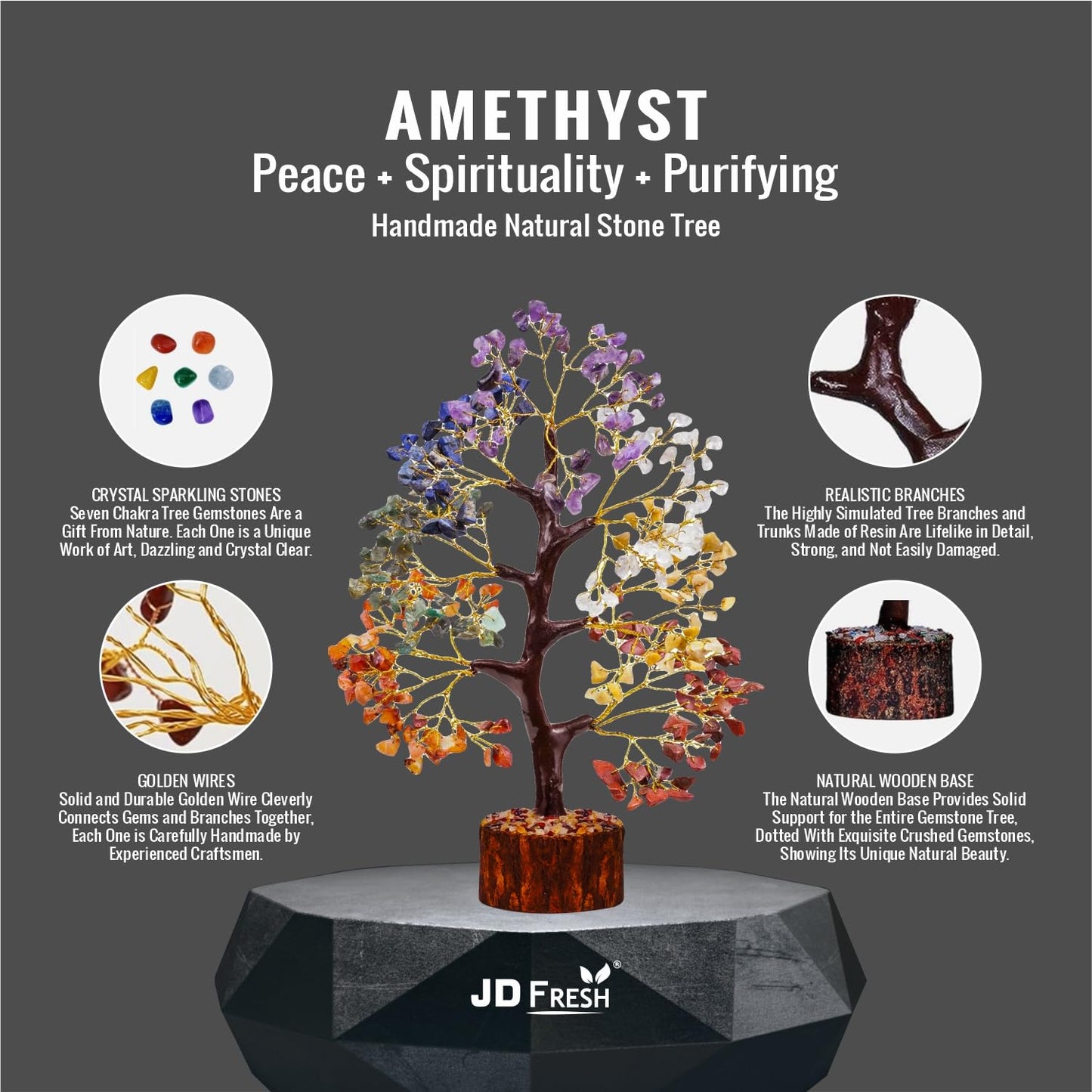 JD FRESH 300 Beads 7 Chakra Crystal Tree/Showpiece Good Luck and Positive Energy/Showpiece for Living Room/Natural Healing Gemstones Money/Lucky Tree for Good Luck (Multicolor)