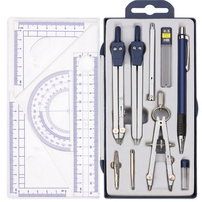 13 Pieces Geometry Set Compass Geometry Tools Math Compass and Protractors Set Metal Drawing Compass Precision Set Graphic Compasses Triangle Rulers Pencils Protractor with Storage Case
