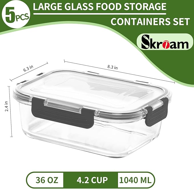 Skroam 5-Packs 36OZ Glass Food Storage Containers