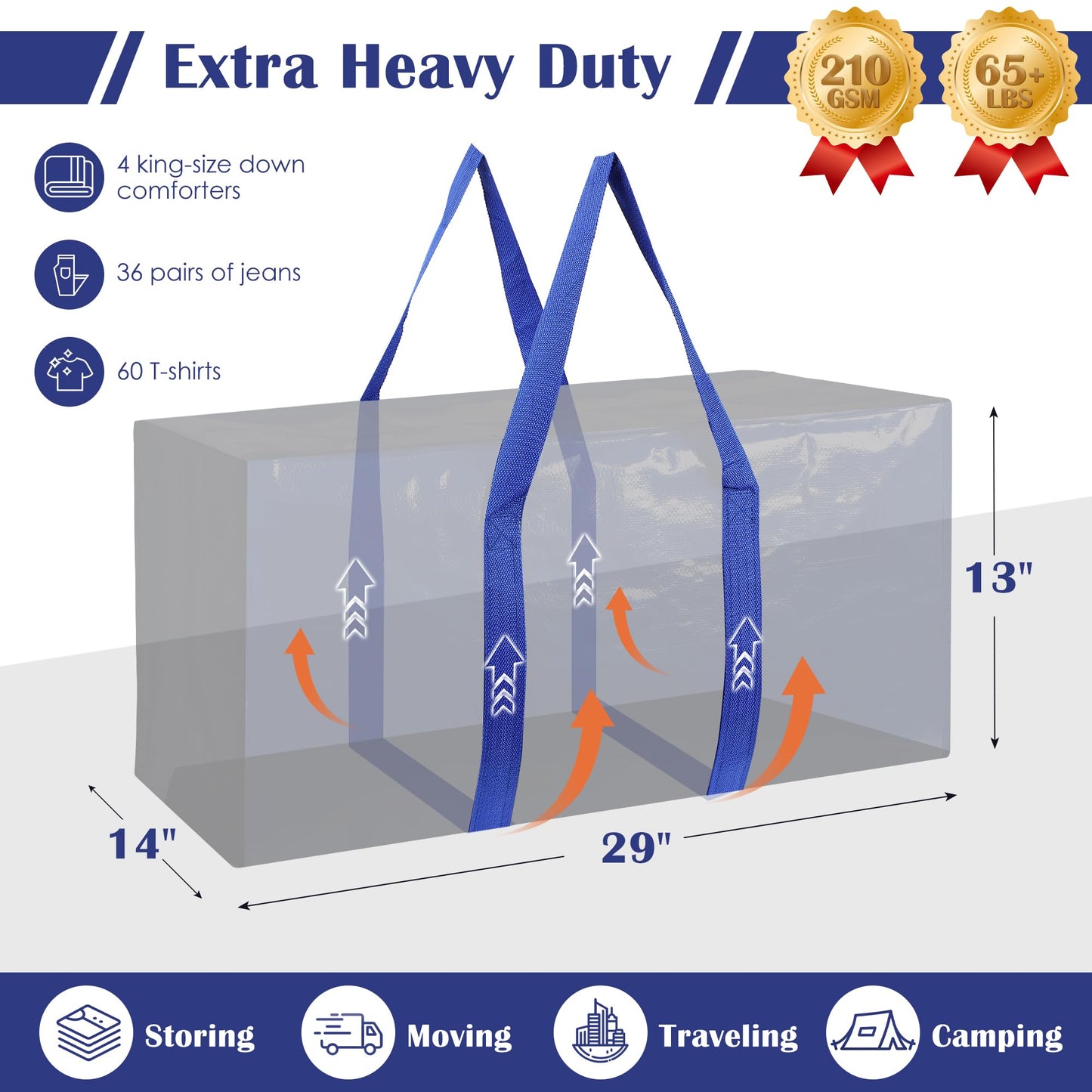 RMOHRO 6 Pack Moving Bags with Full-Open Side Zipper, Extra Large 93L Heavy Duty Waterproof Foldable Storage Totes for College Dorm, Moving & Home Organization,Blue