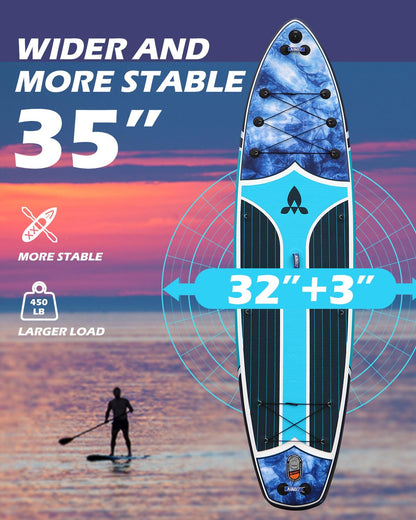 AISUNSS 11'6''x35'' Super Wide Inflatable Paddle Board, 450lb Capacity Premium Stable SUP Board for 2+1 People/Family w/100L Backpack, Dual-Action Pump, Safety Leash (Blue Sea)