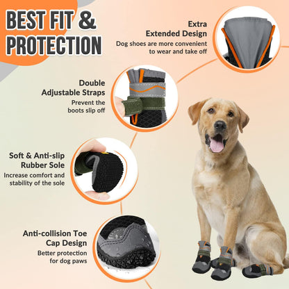 Eyein Dog Boots Paw Protector, Breathable Dog Boots for Injured Paws Waterproof, Dual Adjustable Washable Non-Slip Shoes for Walking, Reflective Dog Shoes for Small Medium Large(2pcs)
