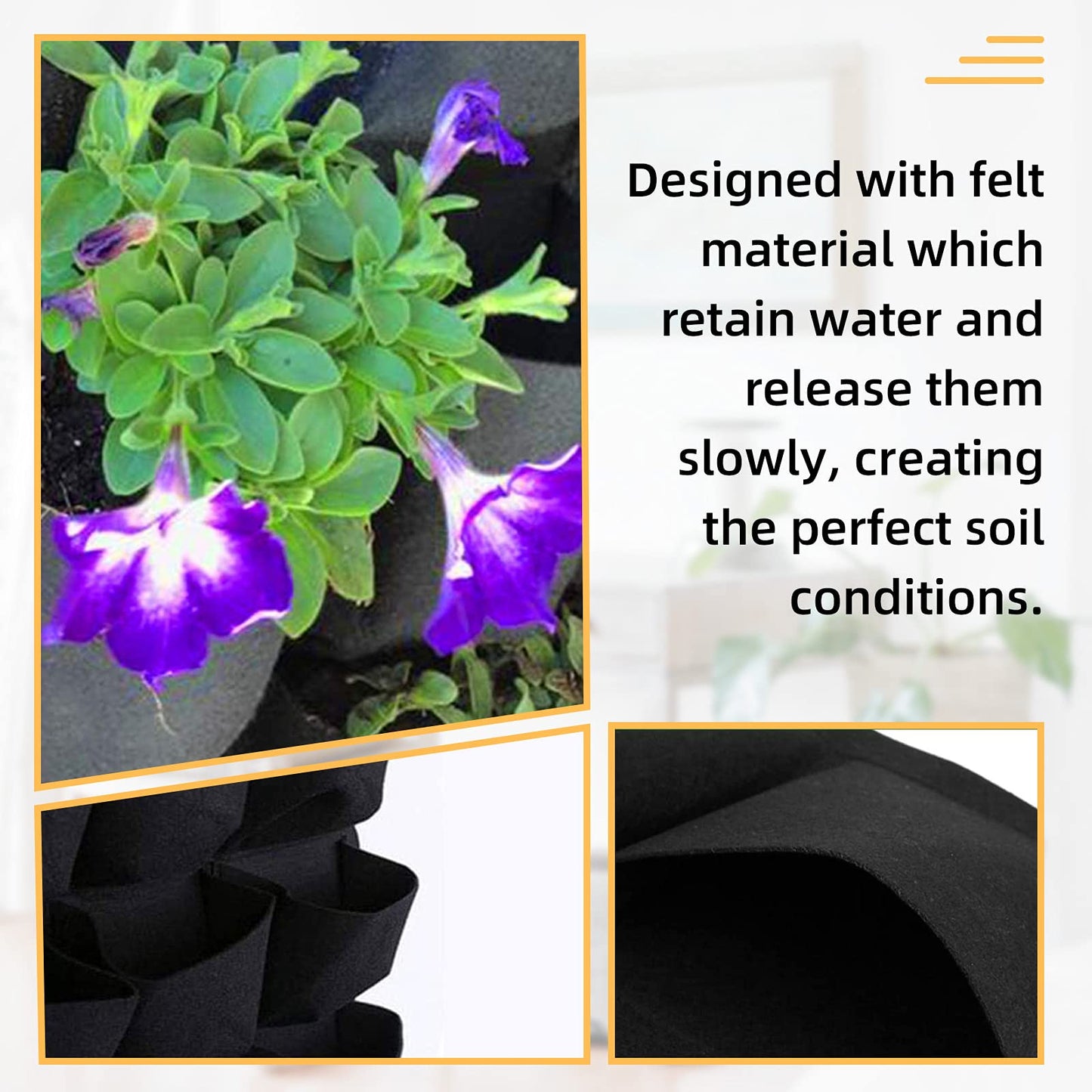Hanging Planting Grow Bags, 90 Pockets Wall Planter Wall Mounted Grow Bag Outdoor Indoor Gardening Vertical Greening Flower Container, Planting Bags Storage Bags(1.1 m × 1.1 m, Black)