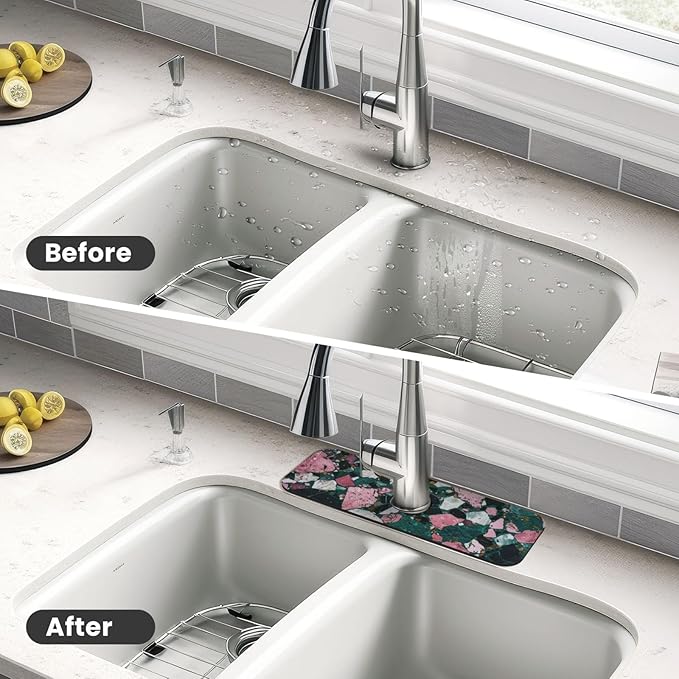Faucet Draining Mat For Kitchen Sink, Terrazzo Dark Green Diatom Mud Absorbent