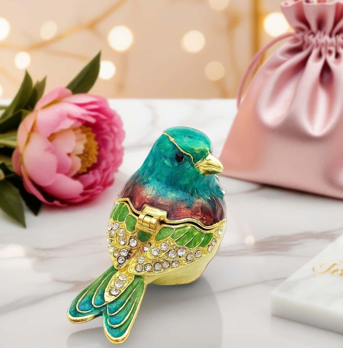 JWT Astyle Turquoise Green Bird Trinket Boxes Hinged,Bird Decor with Crystals Enamel Jewelry Box.Necklace Ring Box Earrings Storage.Collectible Birds Lover Gifts Figurines Home Decor