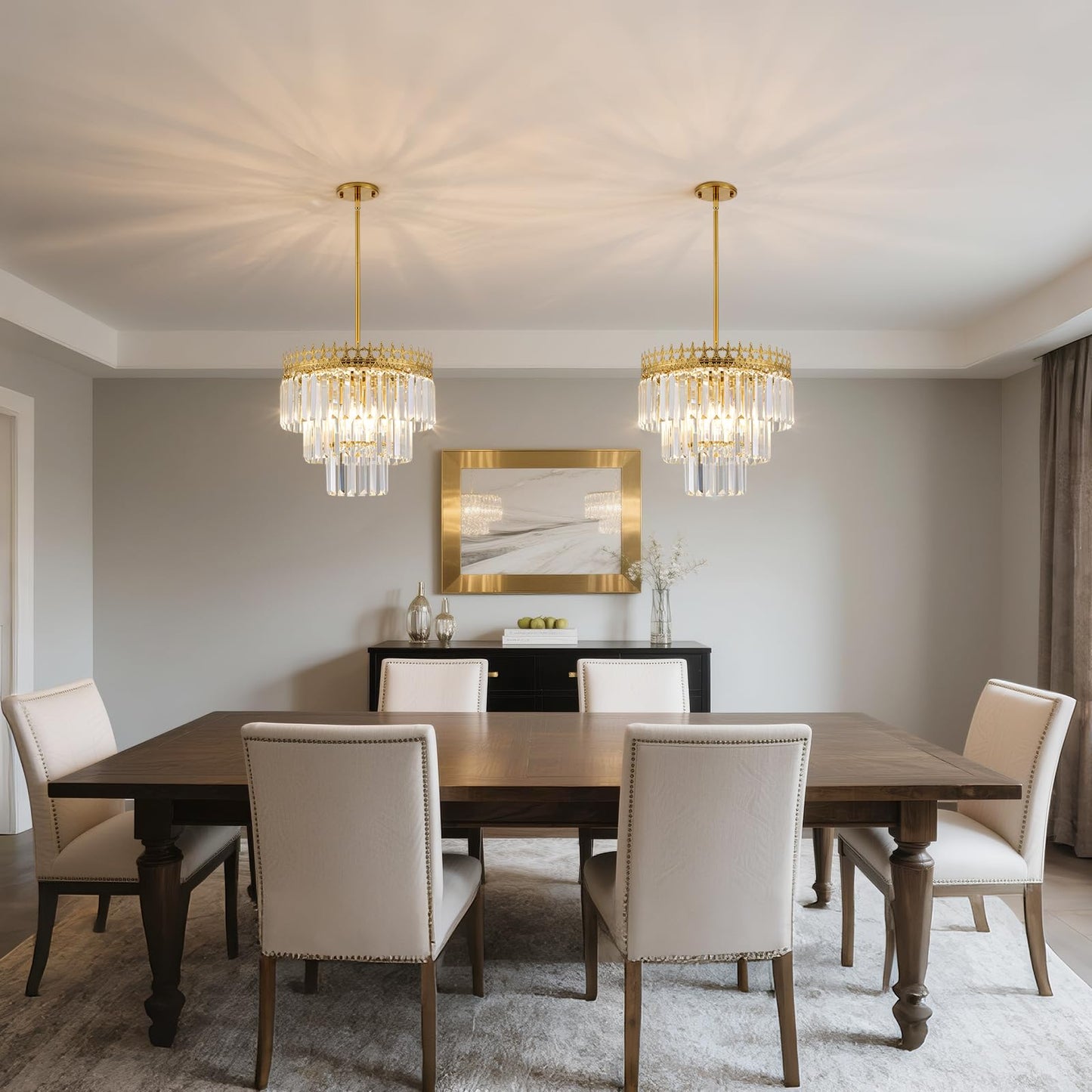KPIOK 16'' Gold Crystal Chandelier,6-Light Modern Chandeliers for Dining Room,3-Tiers Round Metal Pendant Light Fixture for Kitchen Island Living Room Bedroom Entryway