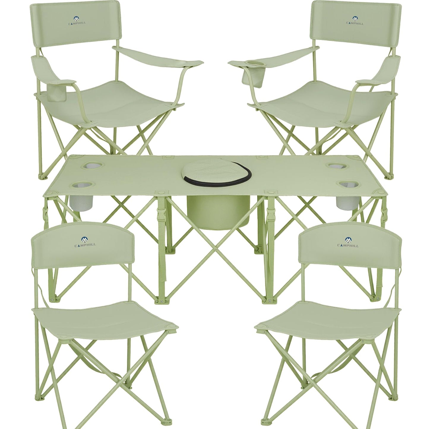 Camping Chair Set of 5,Folding Lawn Chairs with Table for Adults,Heavy Duty Collapsible Chair Include Four Single Chairs and Camping Table with Cooler Bag for Travel Fishing Sport Picnic,Light Green