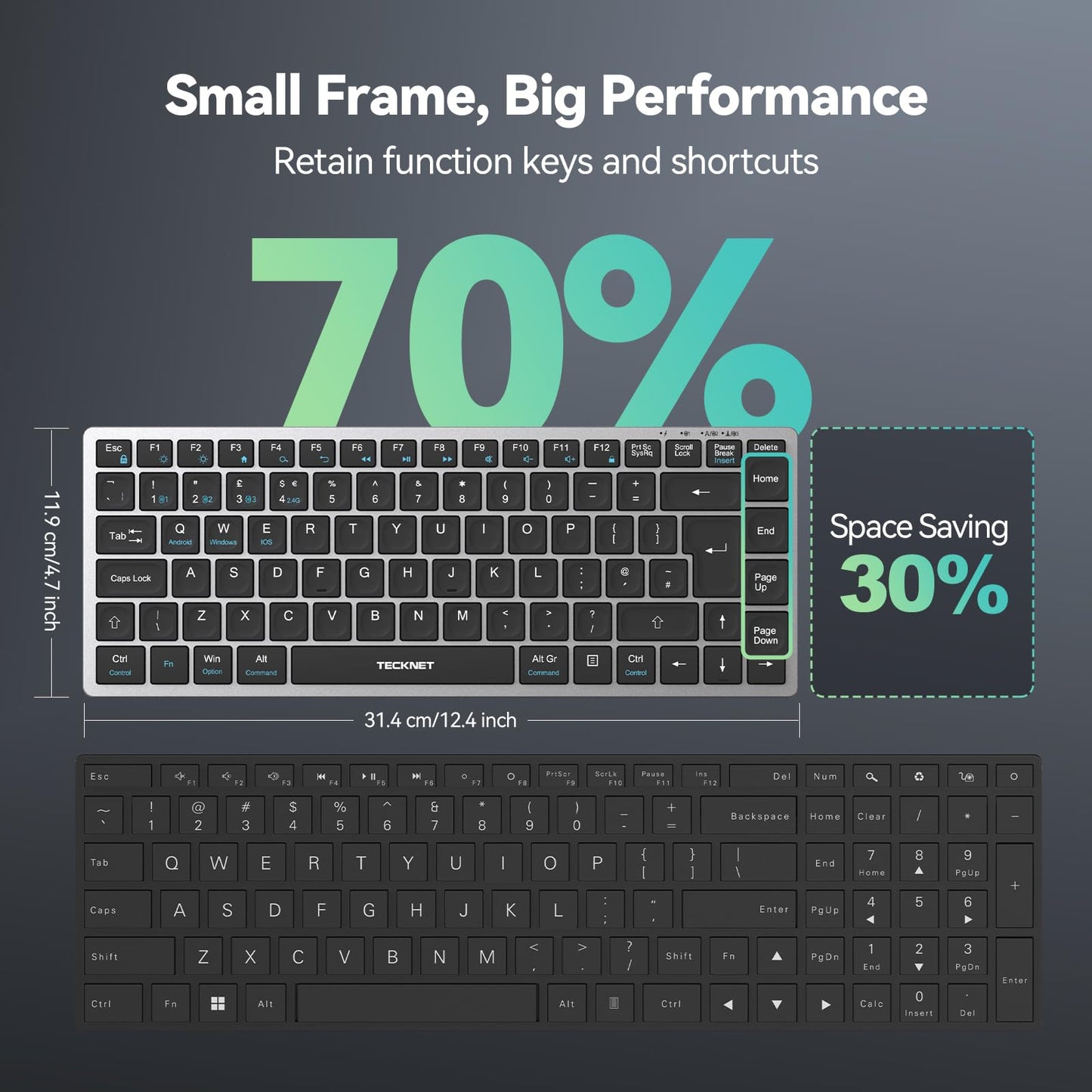 TECKNET 2.4G Wireless Keyboard, Rechargeable Bluetooth Keyboard for 4 Multi Devices, QWERTY UK Layout Compact Mini keypad, Small Silent Keys for Laptop, Phone, Smart TV, Computer, Tablet - Silver