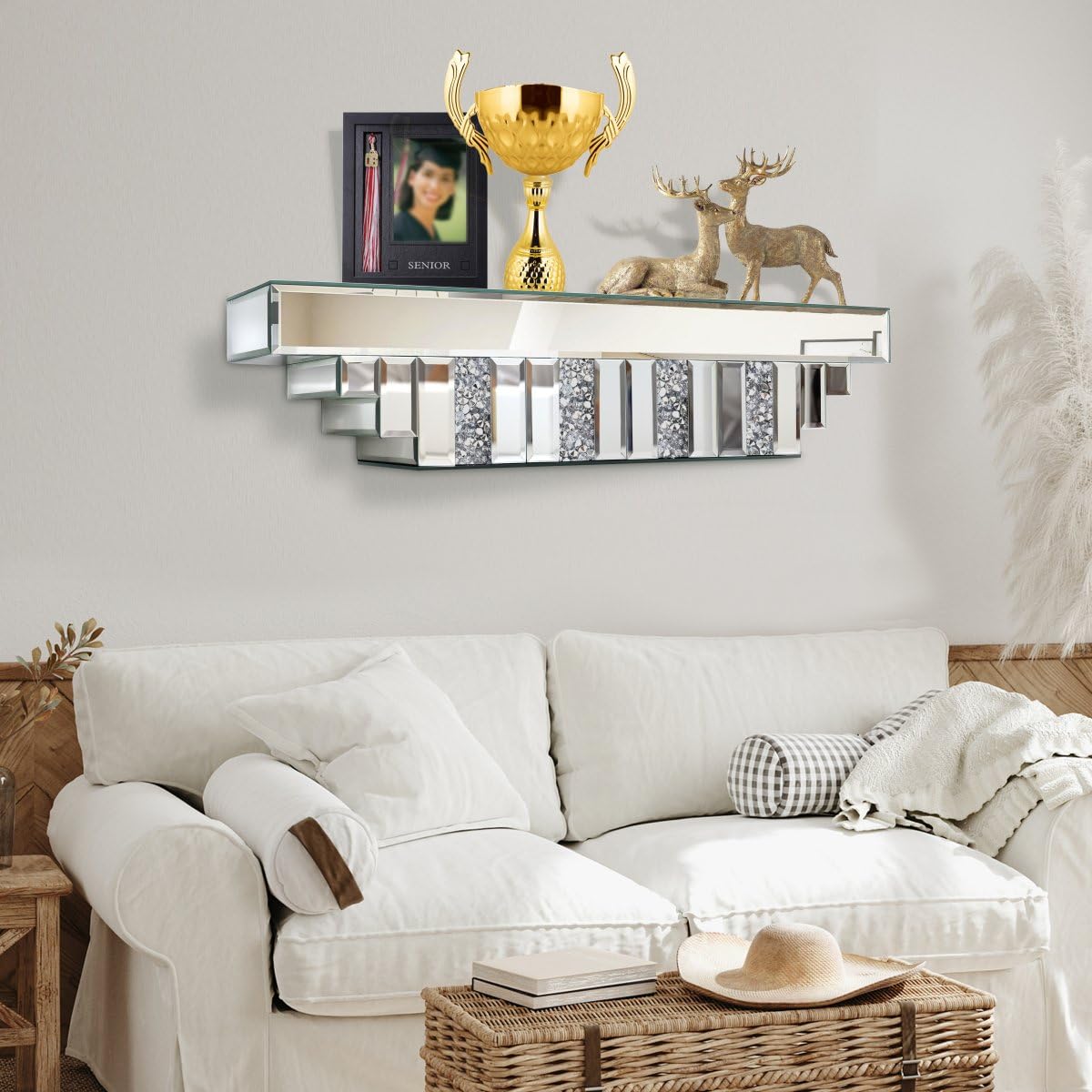 ST3000 Mirrored Floating Shelf for Wall-23 Crushed Crystal Diamond Wall Shelf, Silver Mirror Display Shelf for Bathroom, Living Room, Bedroom-Glam Art Deco Showcase for Perfume, Jewelry, Small Plants
