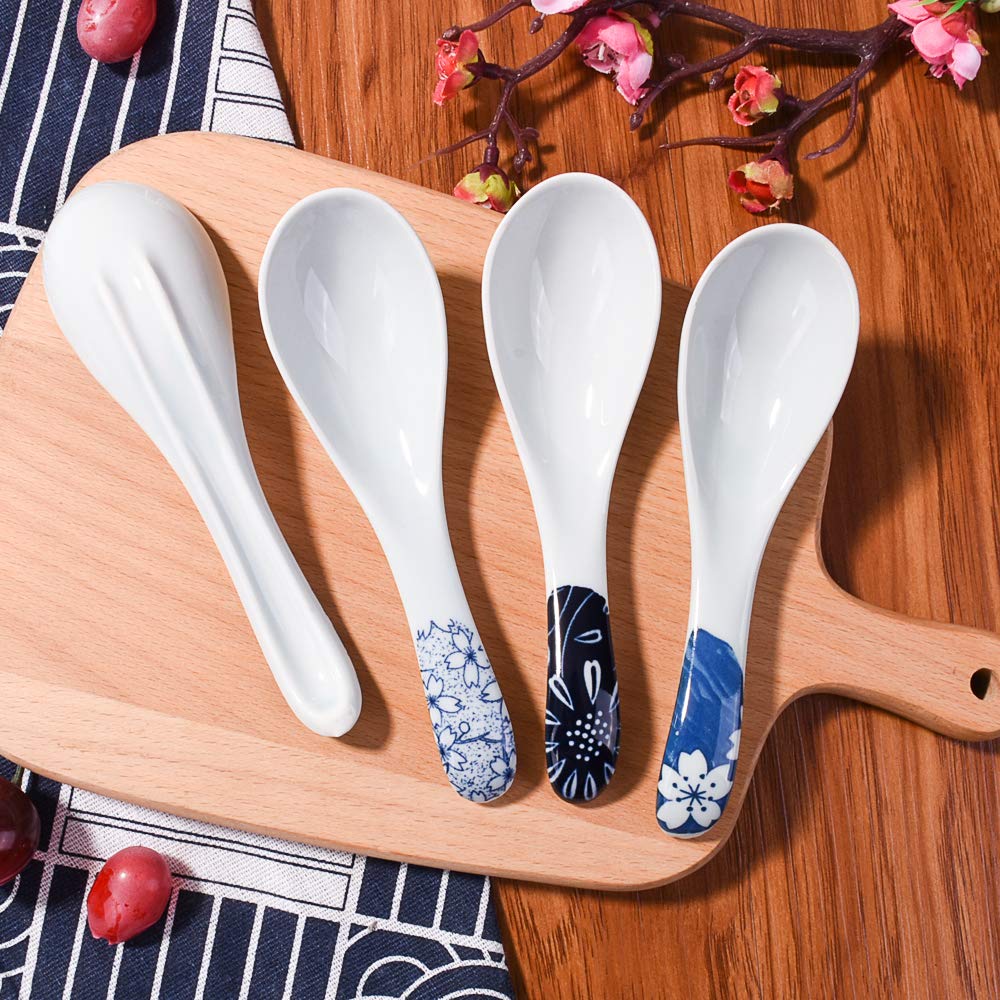 Japanese Soup Spoons set of 4, Blue and White Series Color Spoon for Soup Broth