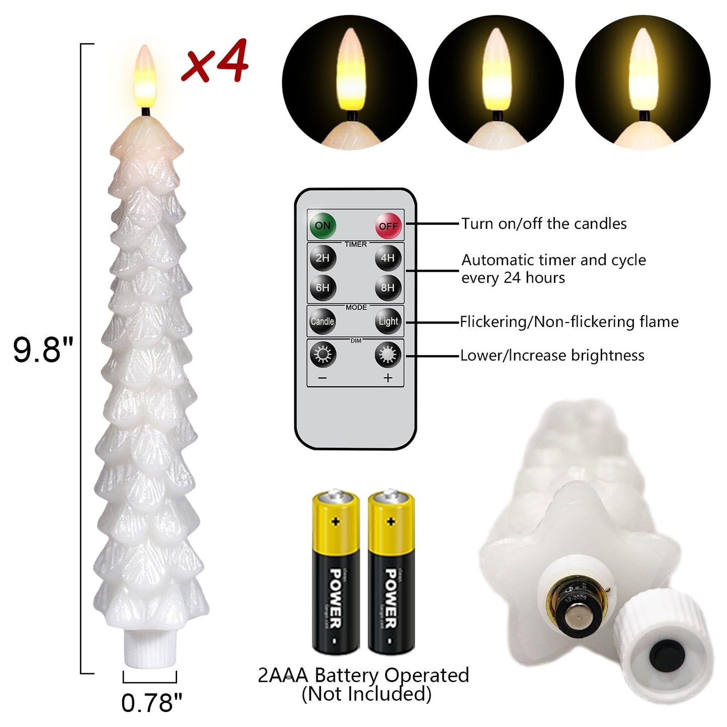 Lasumora Christmas Tree Candles with Remote Timer, 4 Pcs Waxy Flameless Taper Candles Flickering, Battery Operated LED Candlesticks with 3D Flame Wick, White Window Candle for Christmas Decorations