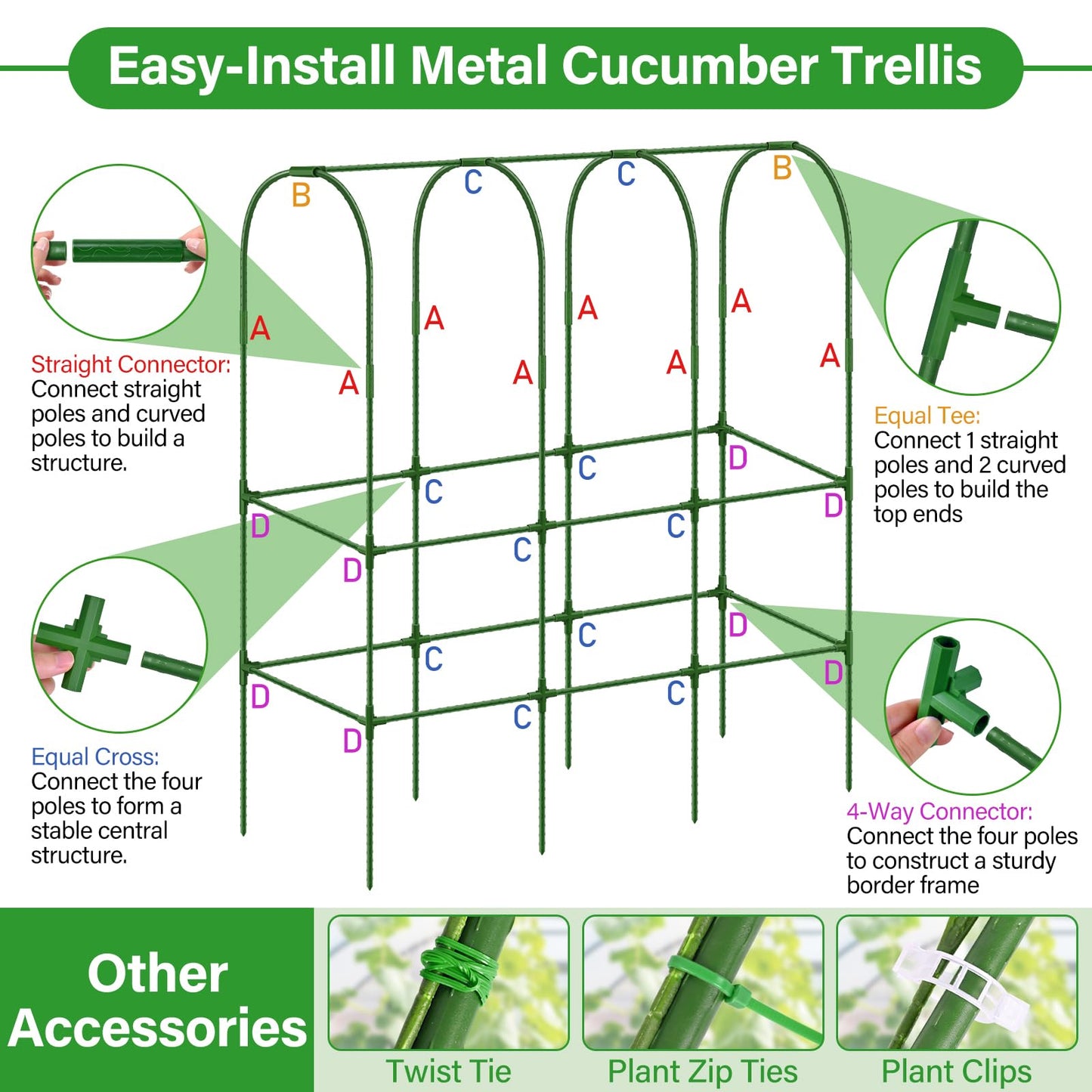 Sunwinx Garden Cucumber Trellis for Climbing Plants Outdoor with Grow Bag, 65x50 Inch Large U-Shaped Cucumber Trellis for Raised Bed, Metal Arch Plant Trellis for Vegetable Grape Pea Bean Vine Squash