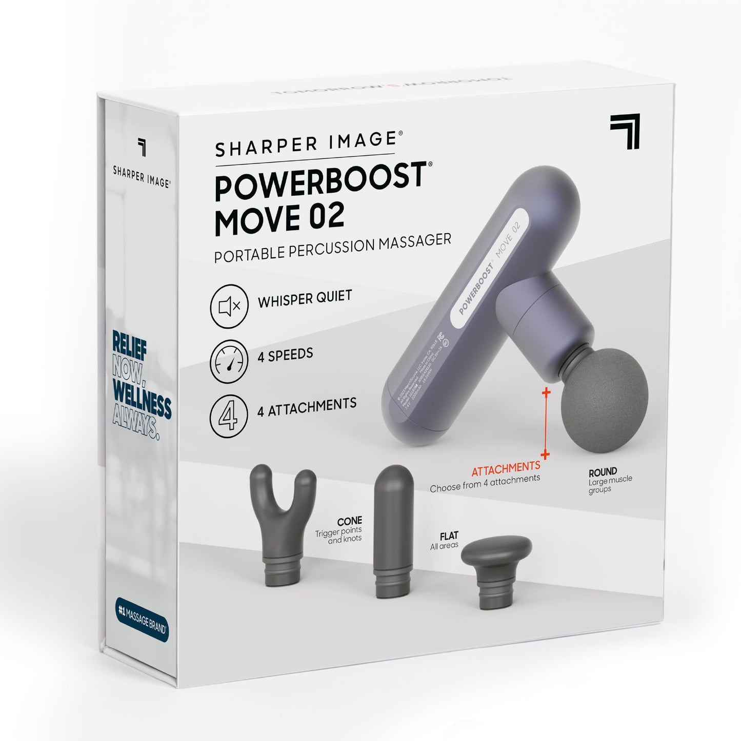 Sharper Image Percussion Massage Gun, Powerboost Move, Lightweight & Portable, 4 Attachments, 4 Speeds, Full Body Back & Shoulder Massager for Deep Tissue Muscle Recovery, Pain Relief & Soreness